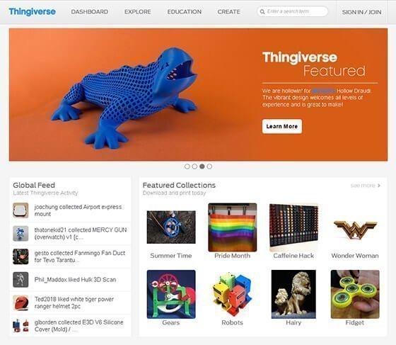 Página inicial do Thingiverse