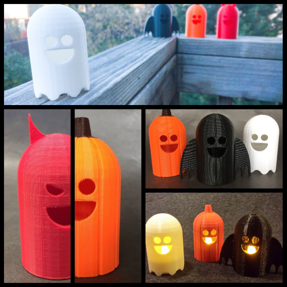 Copos impressos em 3D com caras sorridentes, iluminados por velas eléctricas