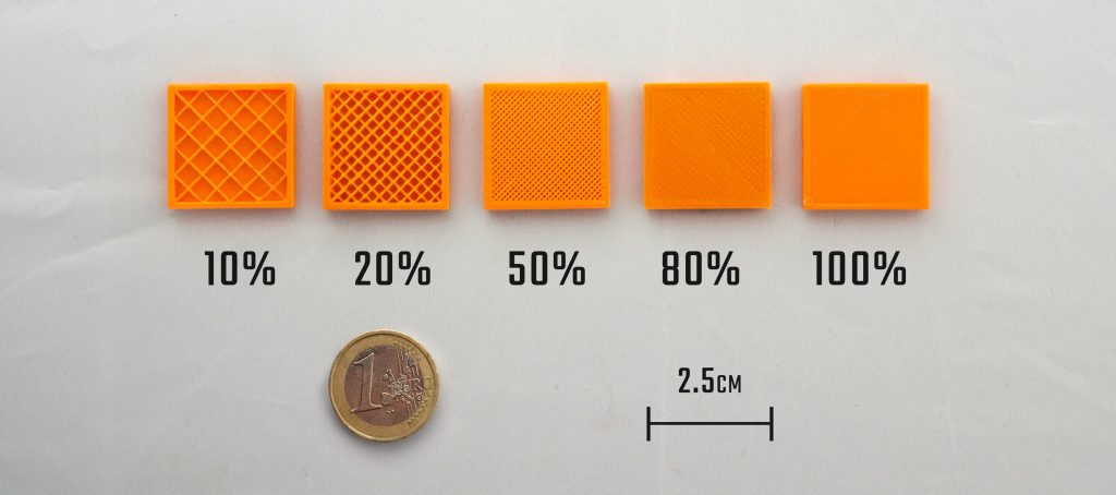 Cinco amostras impressas a 10, 20, 50, 80 e 100 por cento de preenchimento, com uma moeda de um euro ao lado para dar escala