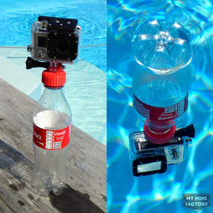 Adaptador impresso em 3D que transforma uma garrafa numa bóia para a GoPro